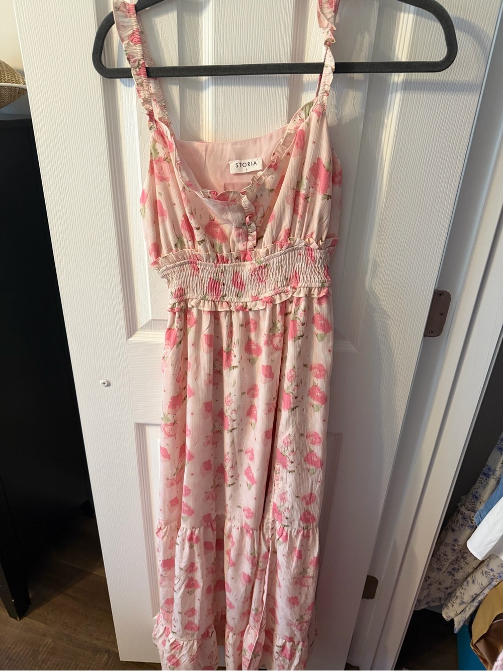 Storia Pink Floral Maxi Slip Dress with Smocked Waist